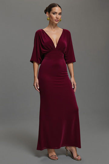 Burgundy Sheath V-Neck Velvet Formal Dress